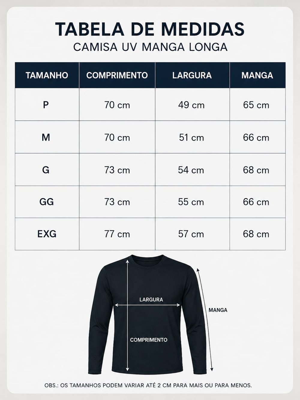 Tabela de medidas Unisex